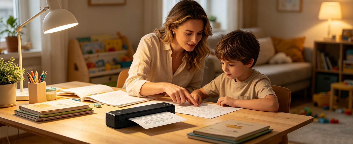 Mother and child use the A8 portable printer to print worksheets and study materials at home