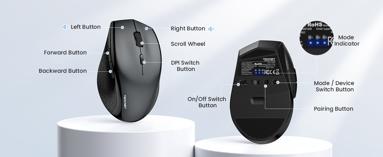 Technical product diagram showing wireless mouse and smartwatch with labeled features and buttons around both devices against white background.