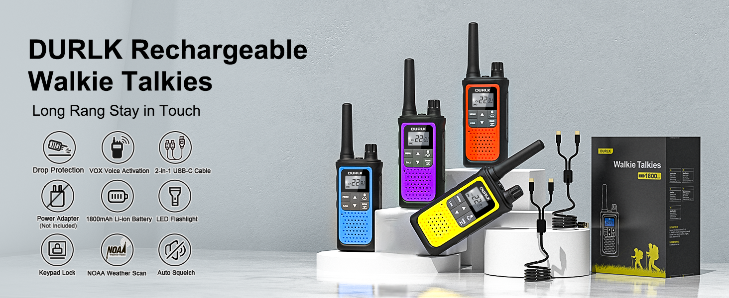 DURLK 4 pack walkie talkies long range in blue orange yellow purple with cables and box