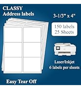 3-1/3" x 4" 6 up Shipping Labels, White Sticker Address Labels,Laser/Inkjer Compatible-6 Labels/S...