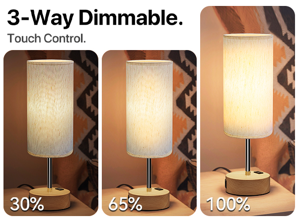 Bedside Lamp Touch Control Table Lamp with USB A+C Charging Ports 3-Way Dimmable Nightstand Lamp