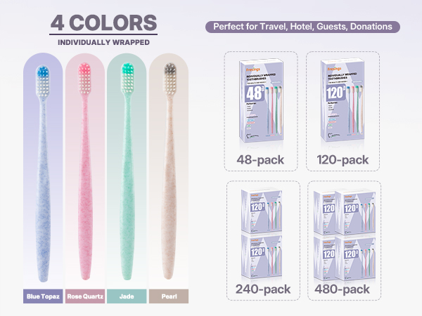 Individually wrapped disposable toothbrushes, bulk 48/120/240/480 packs for travel and hotels