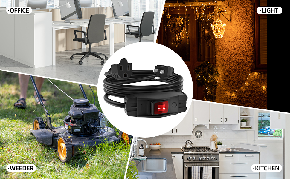 Switched Extension Cord 8 Ft Outdoor 14AWG 3 Prong Extension Cord with Switch On Off 15A 