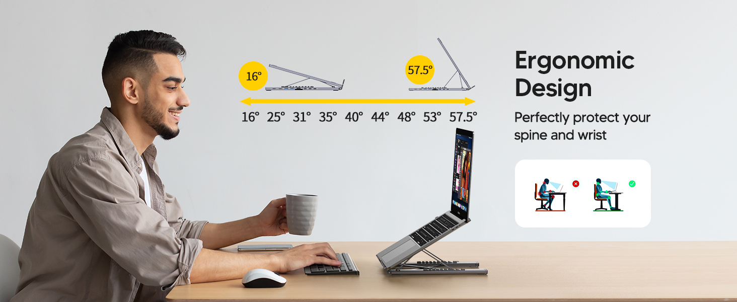Ergonomic design illustration showing proper desk posture with icons indicating adjustable features and measurements for optimal workspace setup.