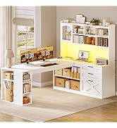 SEDETA Farmhouse L Shaped Office Desk with Drawers, 61” Computer Desk with Storage Shelves and Po...