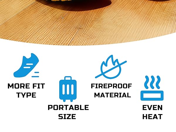 Text reads 'MORE FIT TYPE', 'PORTABLE SIZE', 'FIREPROOF MATERIAL', 'EVEN HEAT'. Four blue icons with text showing product features on wooden background.