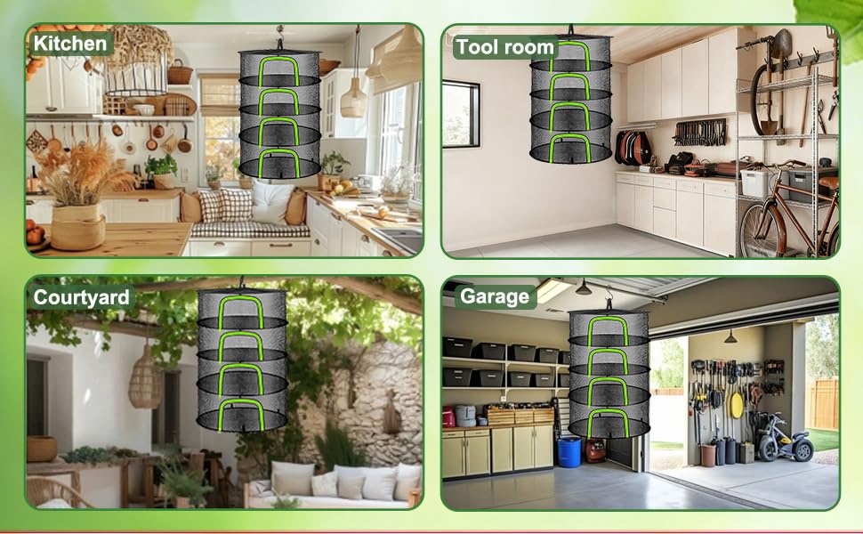 Hangs easily in various spaces for drying herbs, produce—versatile, space-saving storage.