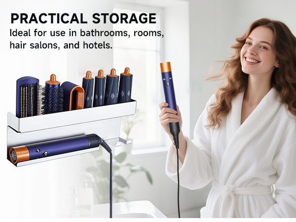 Text reads 'PRACTICAL STORAGE Ideal for use in bathrooms, rooms, hair salons, and hotels.' Shows wall-mounted organizer with multiple slots holding hair care products.