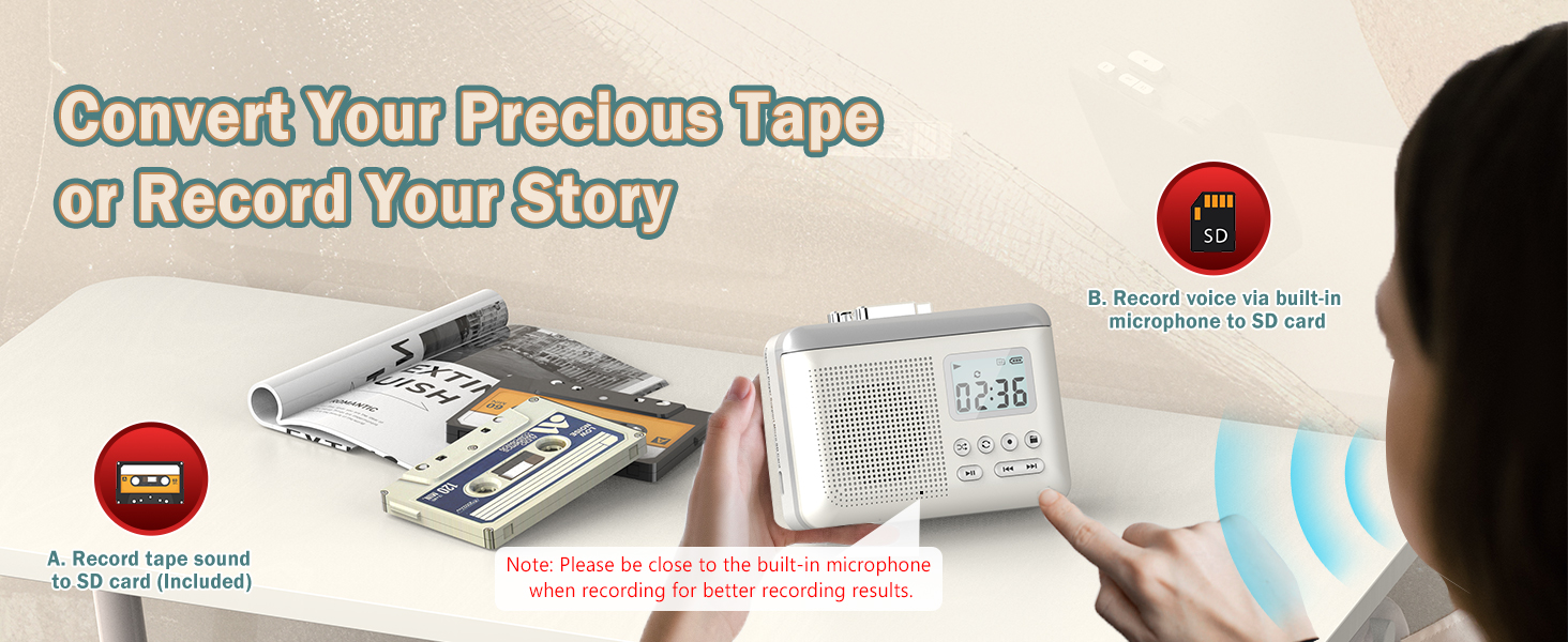Text reads 'Convert Your Precious Tape or Record Your Story'. Marketing image showing audio conversion device or recorder with interface buttons.