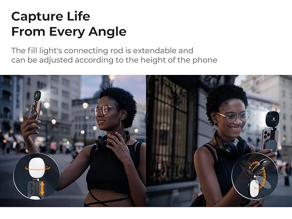 Text reads 'Capture Life From Every Angle' and 'The tri-lights connecting rod is extendable and can be adjusted according to the height of the phone'. Two images show photographers capturing content at night.