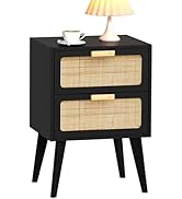 YAUKOMEL Rattan Nightstand, Wood End Table, Side Table with 2 Hand Made Rattan Decorated Drawers,...