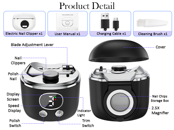 YunLuna electric nail clipper comes with build-in clipping bin,cleaning brush,USB-C charging cable