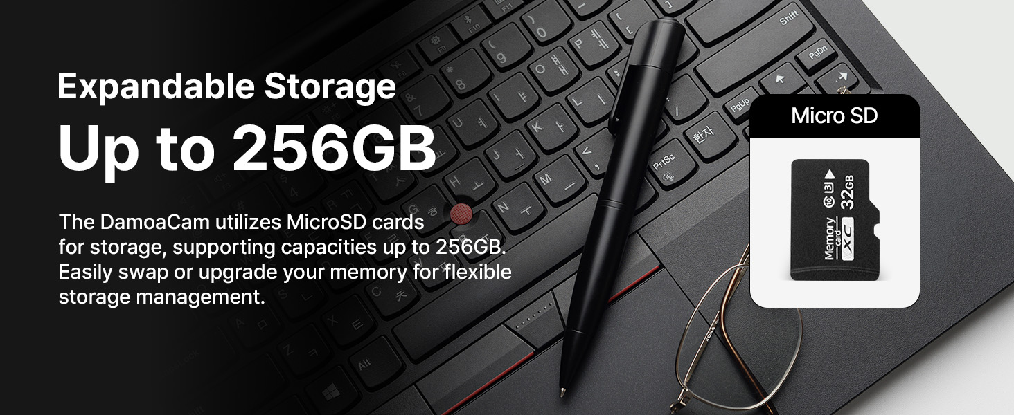 Expandable storage supporting MicroSD cards up to 256GB for flexible video management