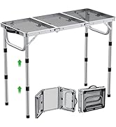 GARLLEN Folding Grill Table, 3 Adjustable Height Portable BBQ Table with Heat-Resistant Mesh Tabl...