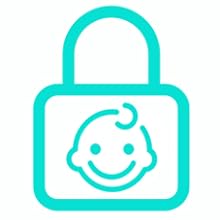 Teal icon of a padlock with a smiling baby face inside, suggesting child safety or parental control concept.