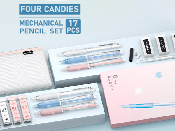 Four Candies Pastel Mechanical Pencil Set with Cute Pencil Case 0.5 0.7 mm 0.7mm 0.5mm Lead Refills