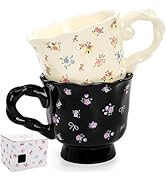 Hiceeden Set of 2 Cute Ceramic Coffee Mug, 14 oz Aesthetic Floral Mugs with Base, Vintage Teacups...