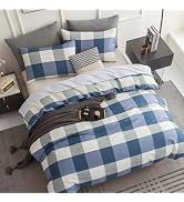 LEMIROE Classic Check 100% Cotton Duvet Cover King Size 3PC – Elegant Ivory, Light Gray, Navy &amp; D...