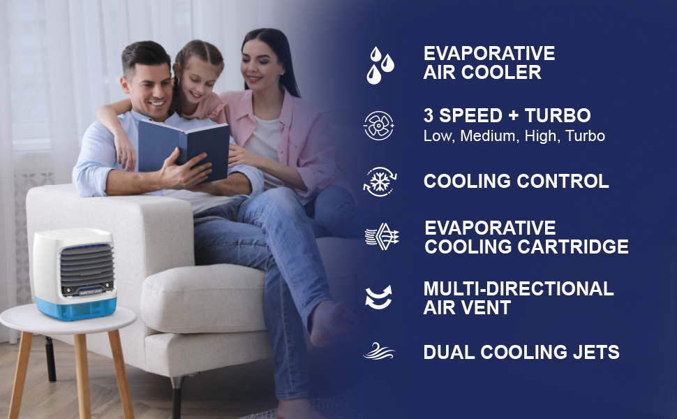 Arctic Air Chill Zone: evaporative air cooler, multi-directional air vent, dual cooling jets