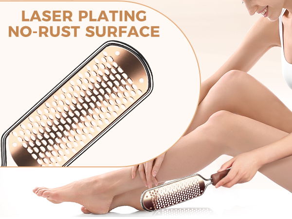 Metal foot file with laser-plated no-rust surface, featuring rows of precise grooves for exfoliation, shown in use.