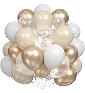 Elegant balloon garland display with white and champagne gold balloons arranged in descending sizes creating a luxurious arch effect.
