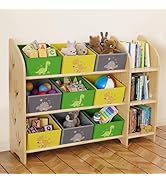 yoopin Toy Storage Organizer with 3 Shelves and 9 Bins, Green Dinosaur Bookshelfa nd Bookcase for...