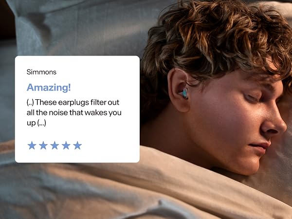 Five-star customer review with person sleeping wearing Alpine SleepDeep earplugs