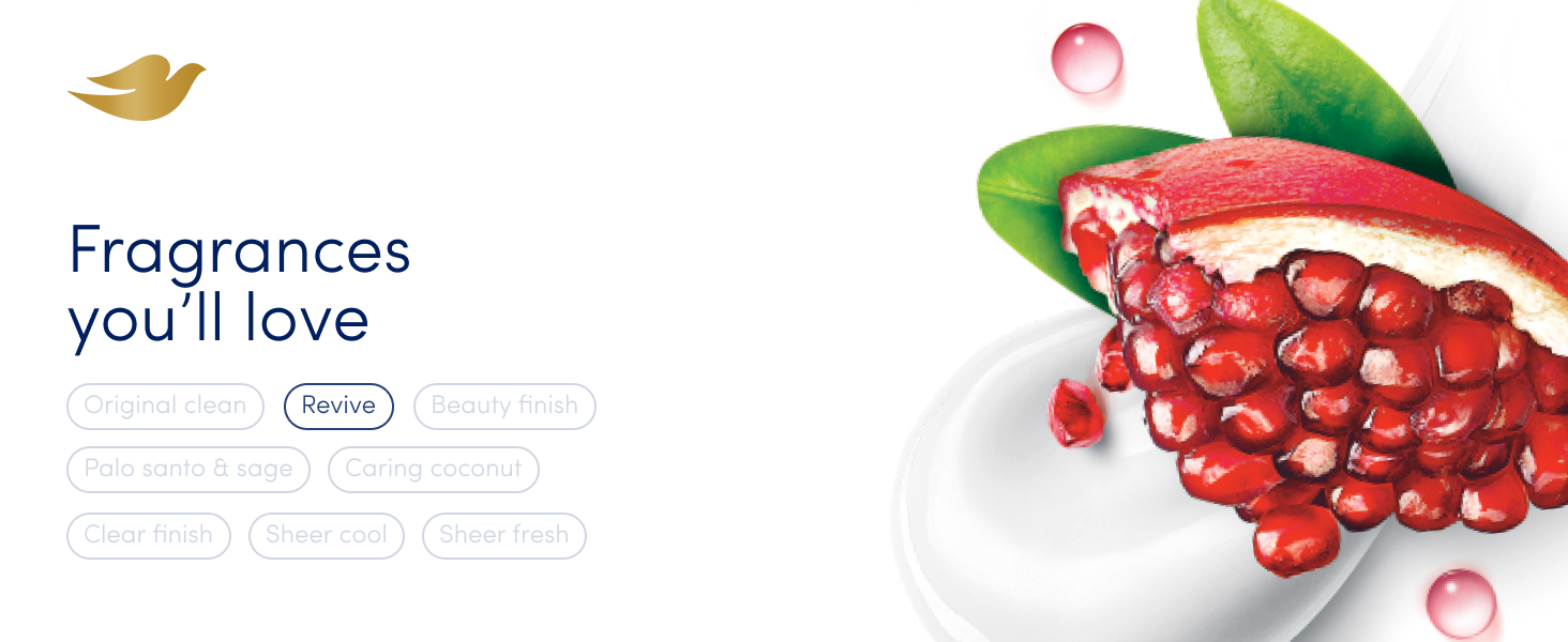 Pomegranate on top of cream next to light red drops and text that reads: Fragrances you&amp;#39;ll love.