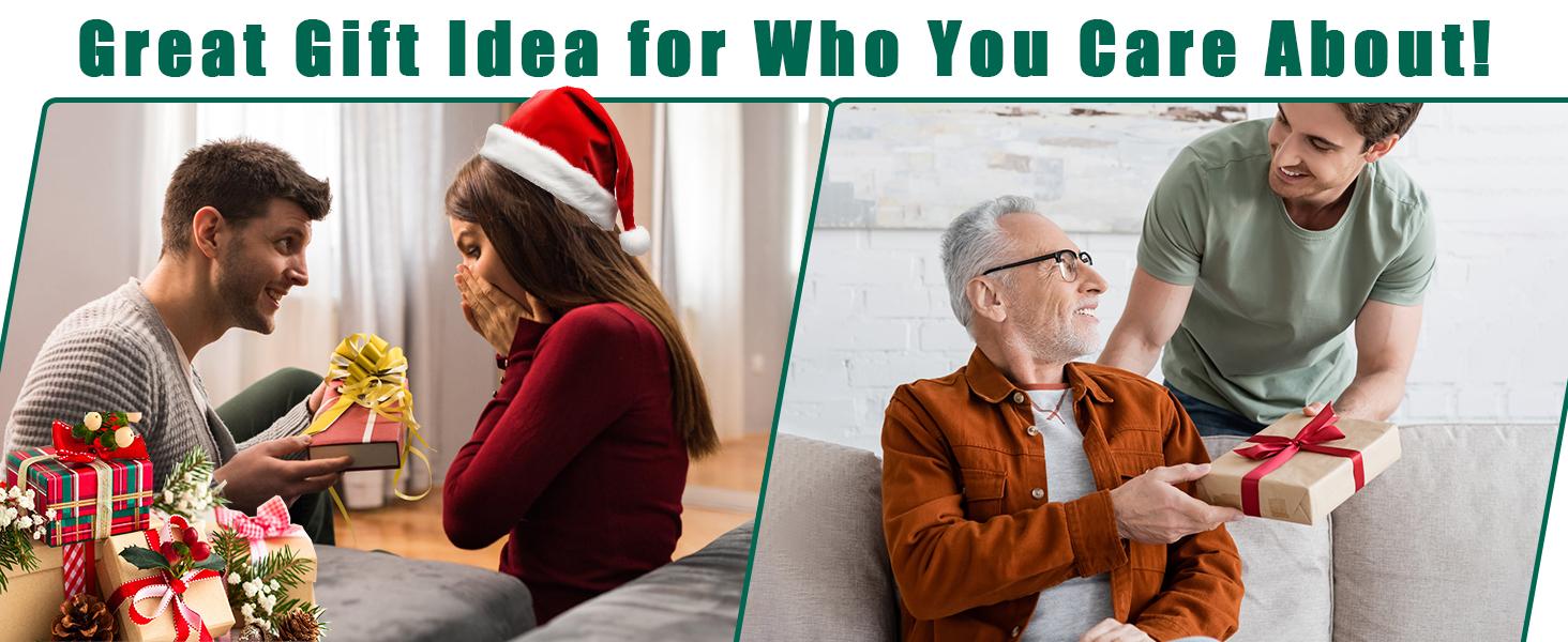 Two-panel image showing gift-giving scenes: young couple exchanging present and person assisting elderly individual. Text: 'Great Gift Idea for Who You Care About!'