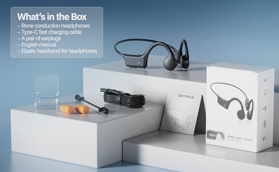 Bone conduction headphones with charging cable earplugs user manual and accessories in the box