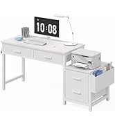 Lufeiya White Computer Desk with Fabric File Drawers Cabinet, 40 Inch Home Office Desks with Fili...