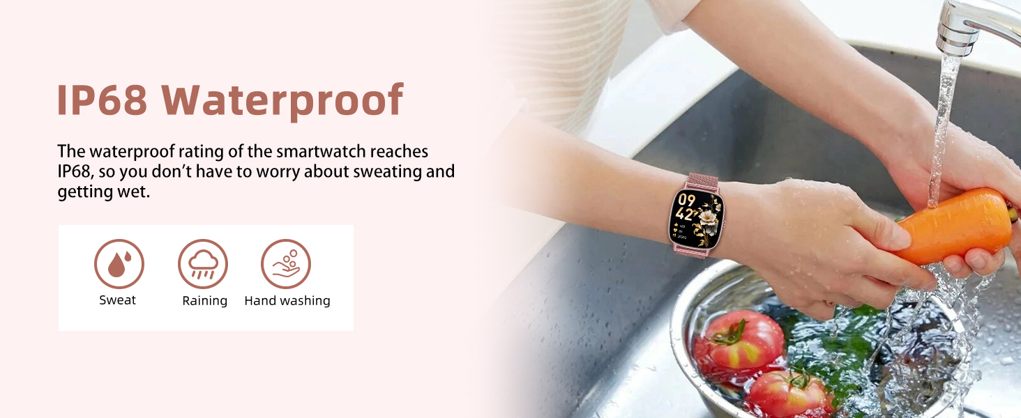 Text reads 'IP68 Waterproof'. Demonstration of waterproof smartwatch being washed under running water with hands washing dishes.