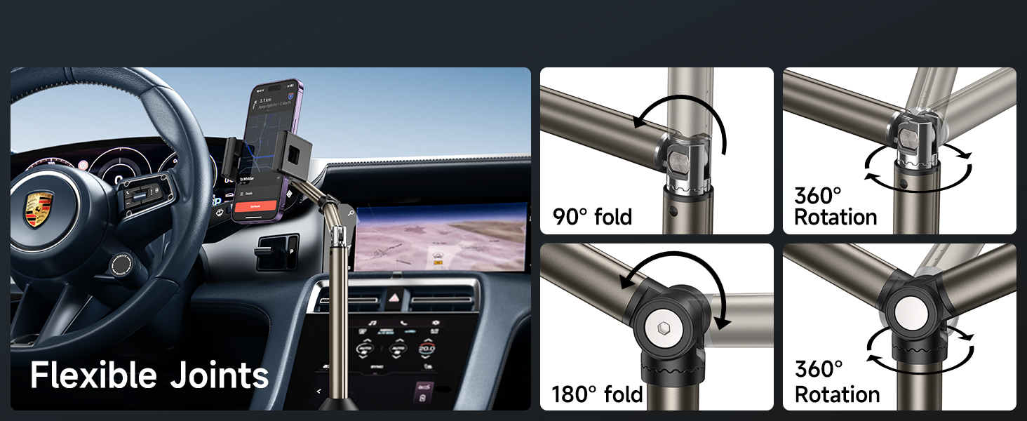 Car phone mount system showing flexible joints and rotation capabilities, with technical diagrams demonstrating 90°, 180°, and 360° movement options.