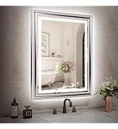 ROLOVE 23x35 Inch Bathroom Mirror with Lights, Soft Gold-Pink Frame, Lighted Vanity Mirror with A...