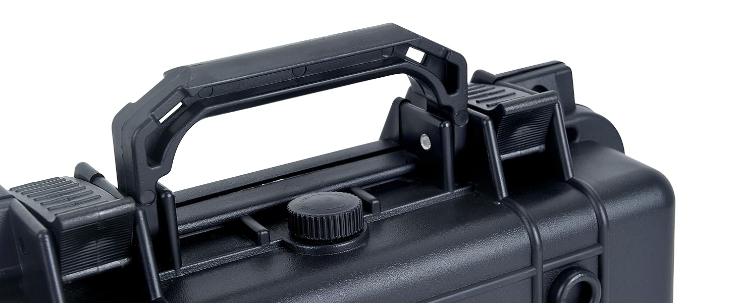 Close-up of a black, hard-shell case with a sturdy handle and locking mechanisms visible.