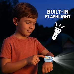 Each walkie-talkie includes a bright built-in flashlight