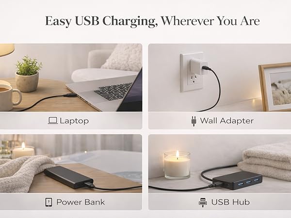 showing USB charging via laptop, wall adapter, power bank, and USB hub in home settings.