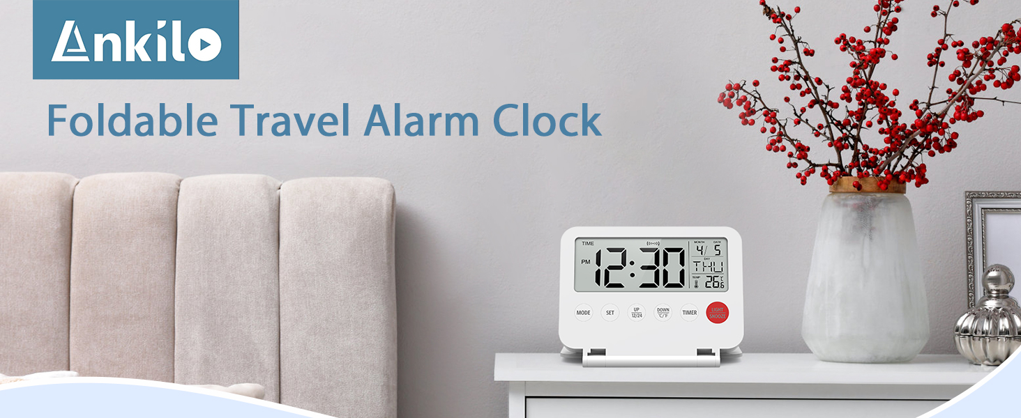 Digital Travel Alarm Clock, Large LCD Display Small Alarm Clock with Temperature, 12/24H, Desk Clock