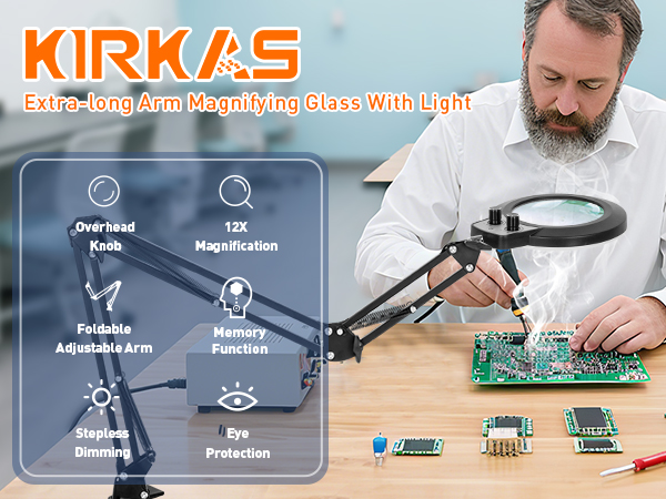 12X Magnifying Glass with Light Clamp Extra-long Arm Overhead Knob Workbench Lighted Magnifier Lamp