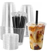 lucdnc 16oz Disposable Clear Plastic Cups with Lids and Smoothies Straws Party Drinking Cups for ...