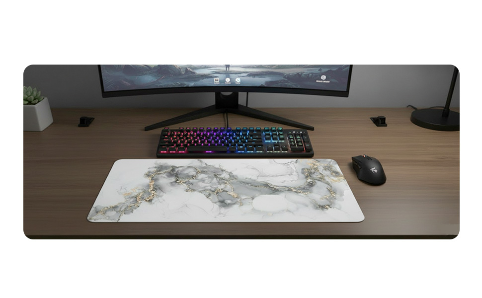 White marble extended mouse pad with grey ink patterns and luxurious gold veins.
