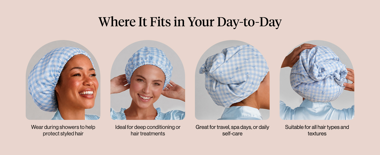 Kitsch Luxury Satin-Lined Flexi Shower Caps for Women Reusable Waterproof