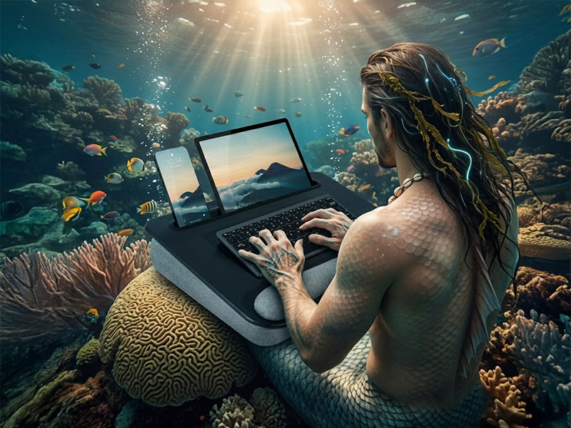 black portable laptop lap desk is in use by a mermaid