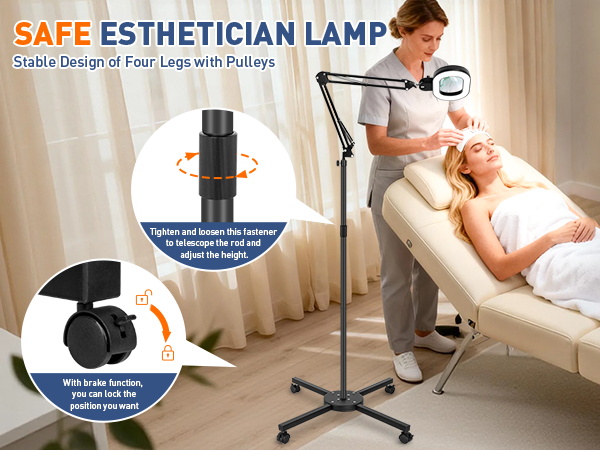 large magnifying glass with light magnifying stand Extension and lengthening rod with brake wheel
