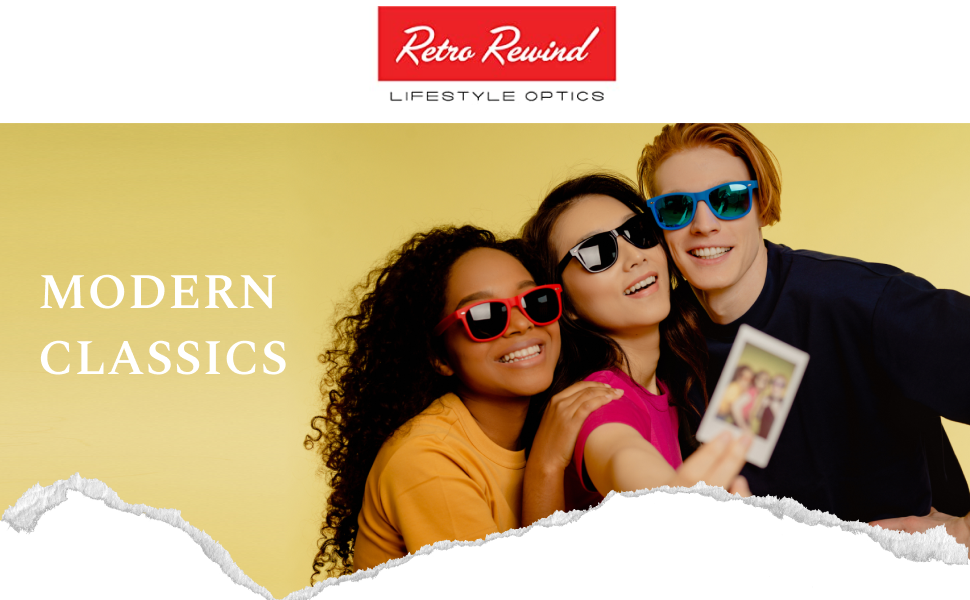 a young man and two young women with retro sunglasses posing for the camera