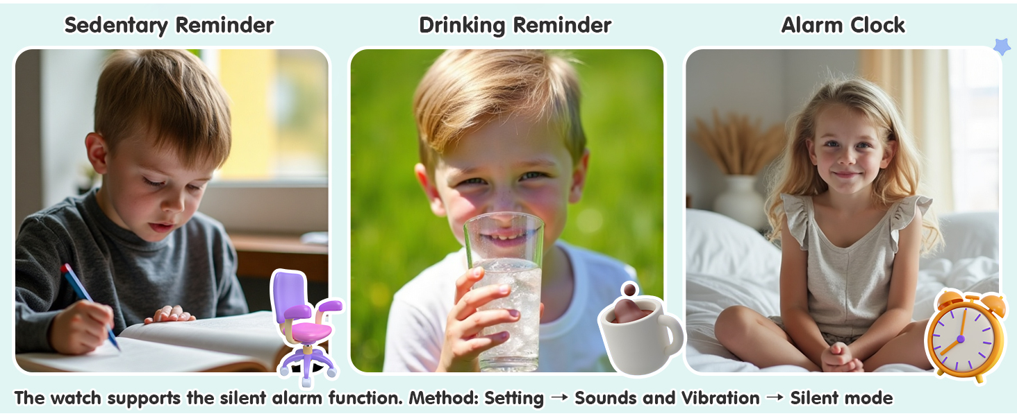 Series of images showing children engaging with study or educational activities at desks and tables, with various learning materials visible.