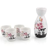 ABuff Japanese Sake Set, 1 Tokkuri Bottle &amp; 4 Ochoko Cups, Spring Blossoms Ceramic Sake Set Micro...