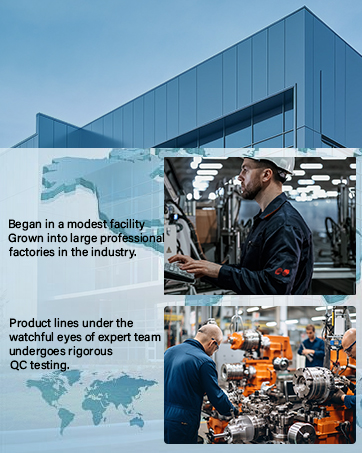 Industrial facility images showing manufacturing processes. Text indicates product lines undergo rigorous QC testing. Shows manufacturing equipment and production facilities.