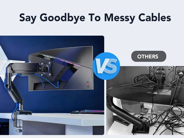 Text reads 'Say Goodbye To Messy Cables'. Series of images showing cable management solutions and organized tech setups against dark backgrounds.