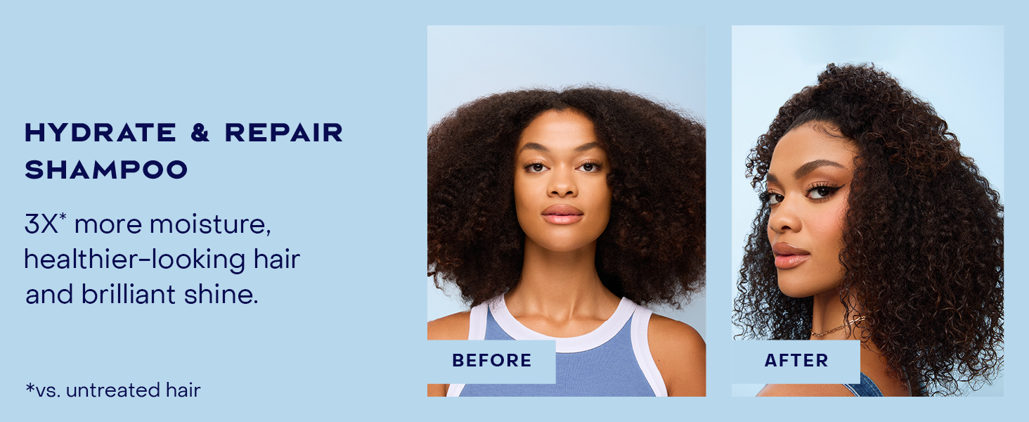 2 images of the same woman before &amp;amp; after applying our treatment for healthy-looking hair.
